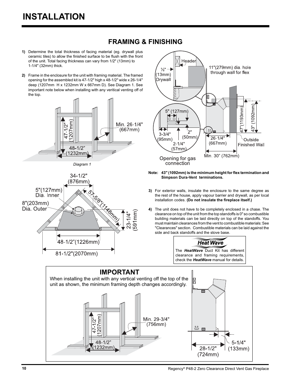Installation, Framing & finishing important | Regency P48-2 User Manual | Page 10 / 52