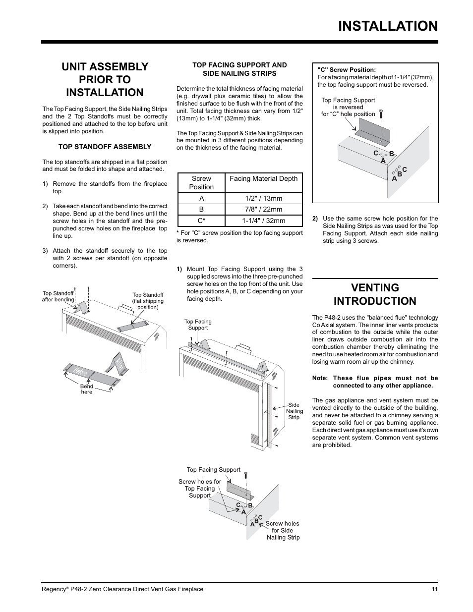 Installation, Venting introduction, Unit assembly prior to installation | Regency P48-2 User Manual | Page 11 / 52