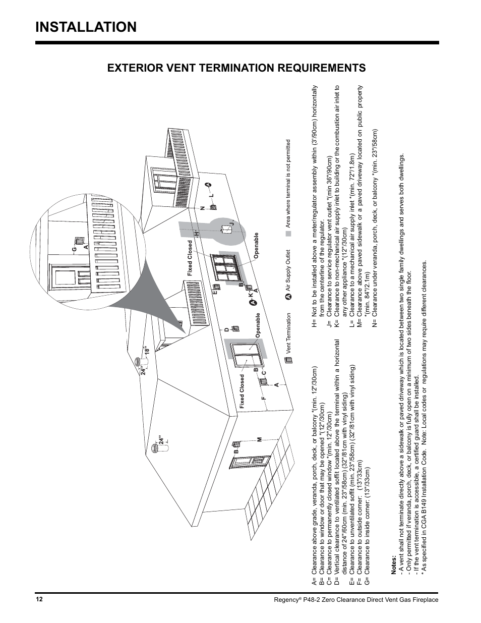 Installation, Exterior vent termination requirements | Regency P48-2 User Manual | Page 12 / 52