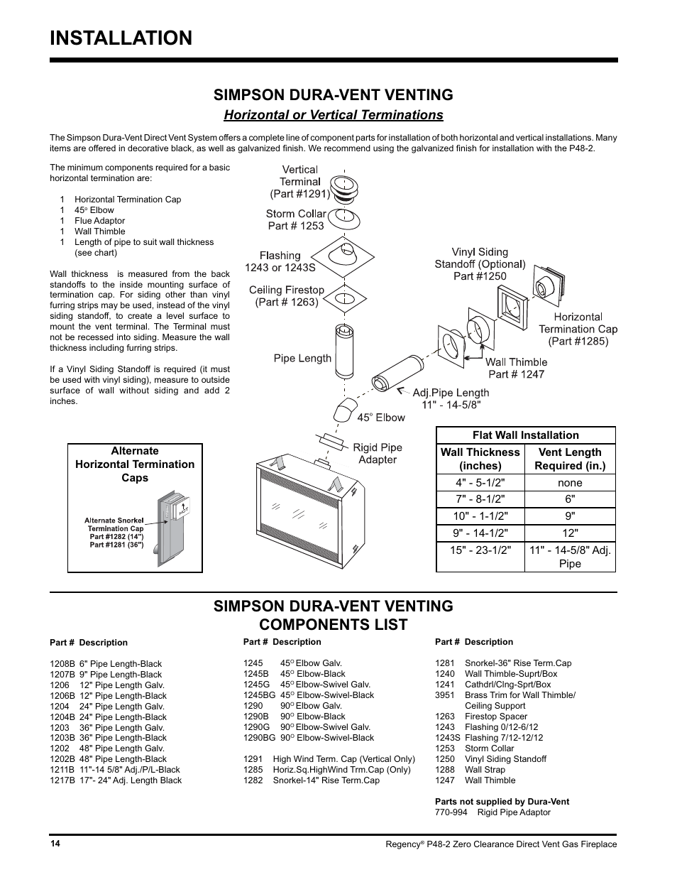 Installation, Simpson dura-vent venting, Simpson dura-vent venting components list | Horizontal or vertical terminations | Regency P48-2 User Manual | Page 14 / 52