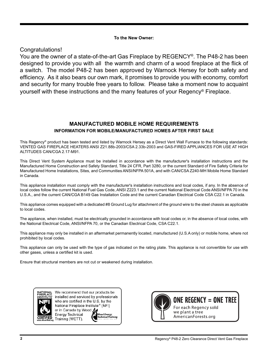 Fireplace, Manufactured mobile home requirements | Regency P48-2 User Manual | Page 2 / 52