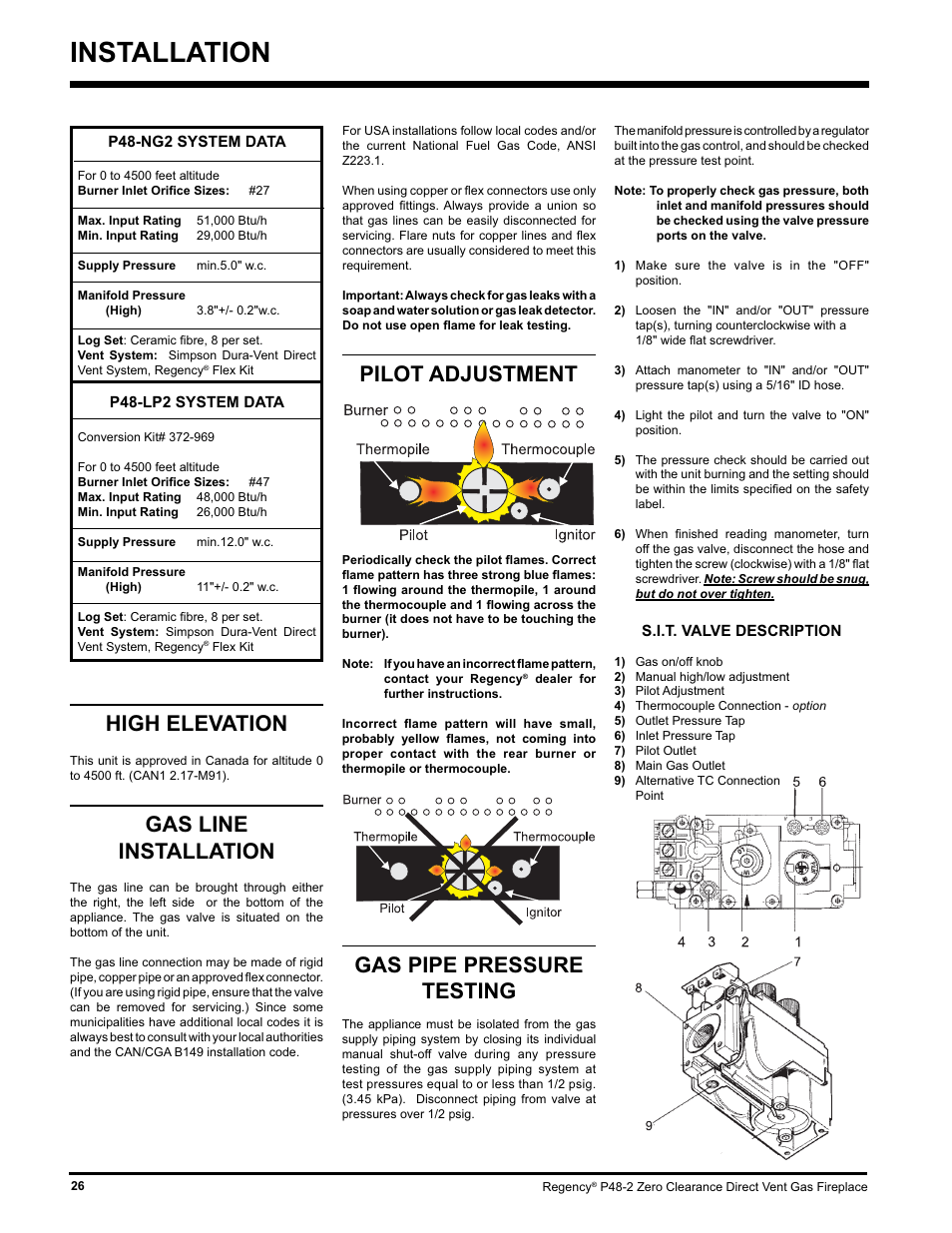 Installation, Gas pipe pressure testing, High elevation | Gas line installation, Pilot adjustment | Regency P48-2 User Manual | Page 26 / 52