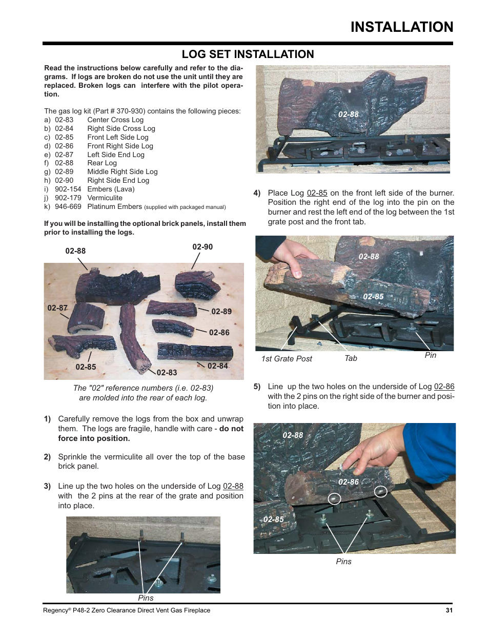 Installation, Log set installation | Regency P48-2 User Manual | Page 31 / 52