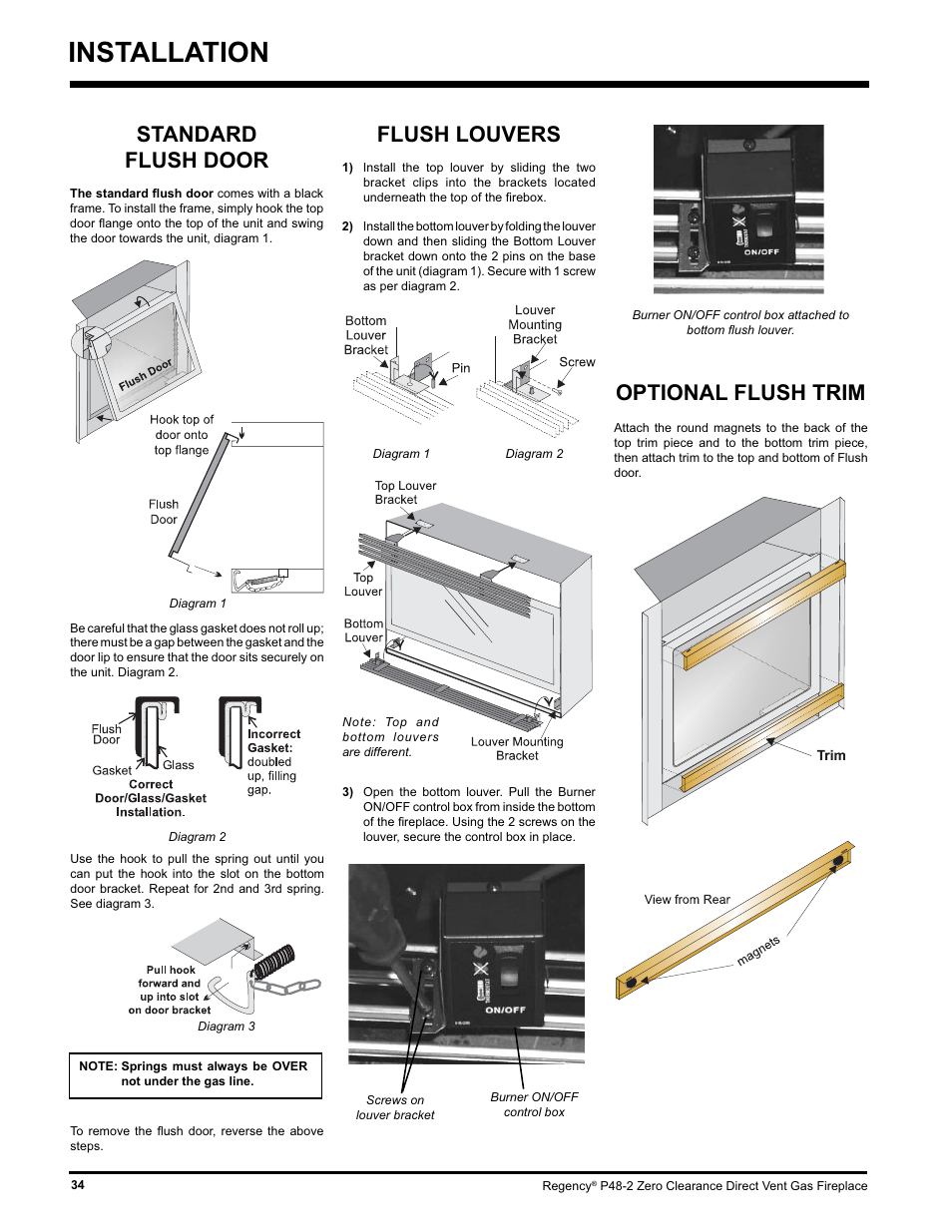 Installation, Standard flush door, Flush louvers | Optional flush trim | Regency P48-2 User Manual | Page 34 / 52
