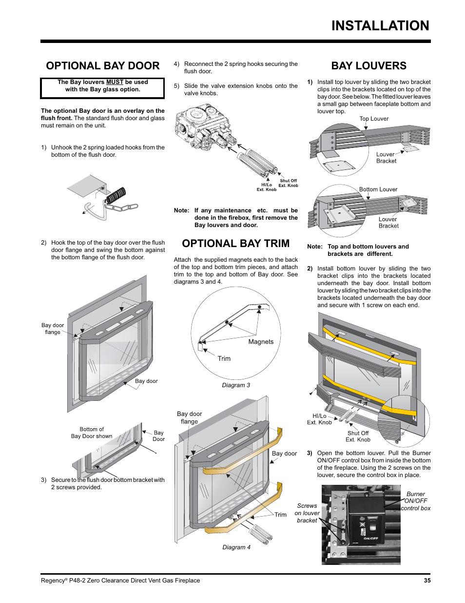 Installation, Bay louvers, Optional bay trim | Optional bay door | Regency P48-2 User Manual | Page 35 / 52