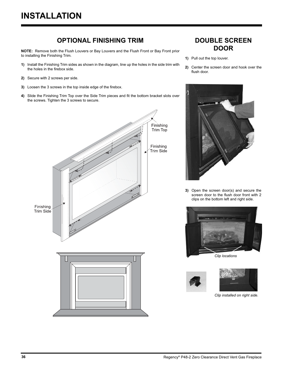 Installation, Optional finishing trim, Double screen door | Regency P48-2 User Manual | Page 36 / 52