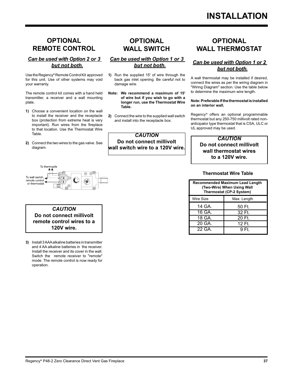 Installation, Optional wall thermostat, Optional remote control optional wall switch | Regency P48-2 User Manual | Page 37 / 52
