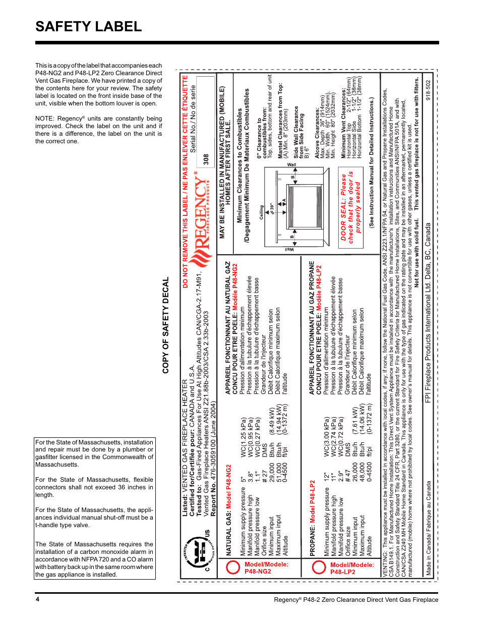 Safety label | Regency P48-2 User Manual | Page 4 / 52