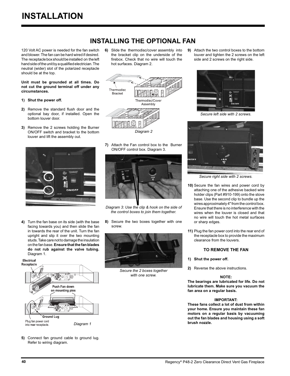 Installation, Installing the optional fan | Regency P48-2 User Manual | Page 40 / 52