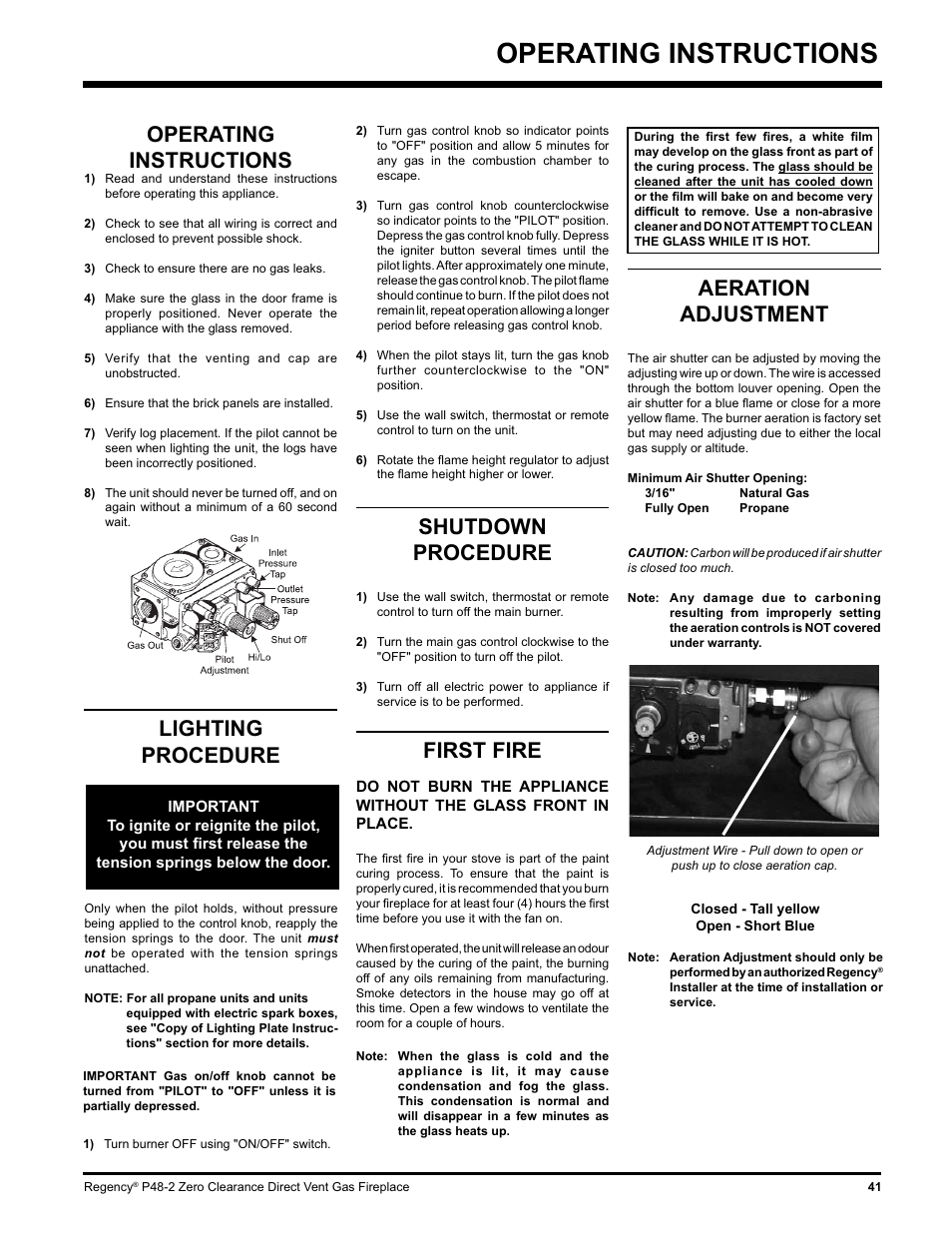Operating instructions, Shutdown procedure, First fire | Aeration adjustment, Lighting procedure | Regency P48-2 User Manual | Page 41 / 52