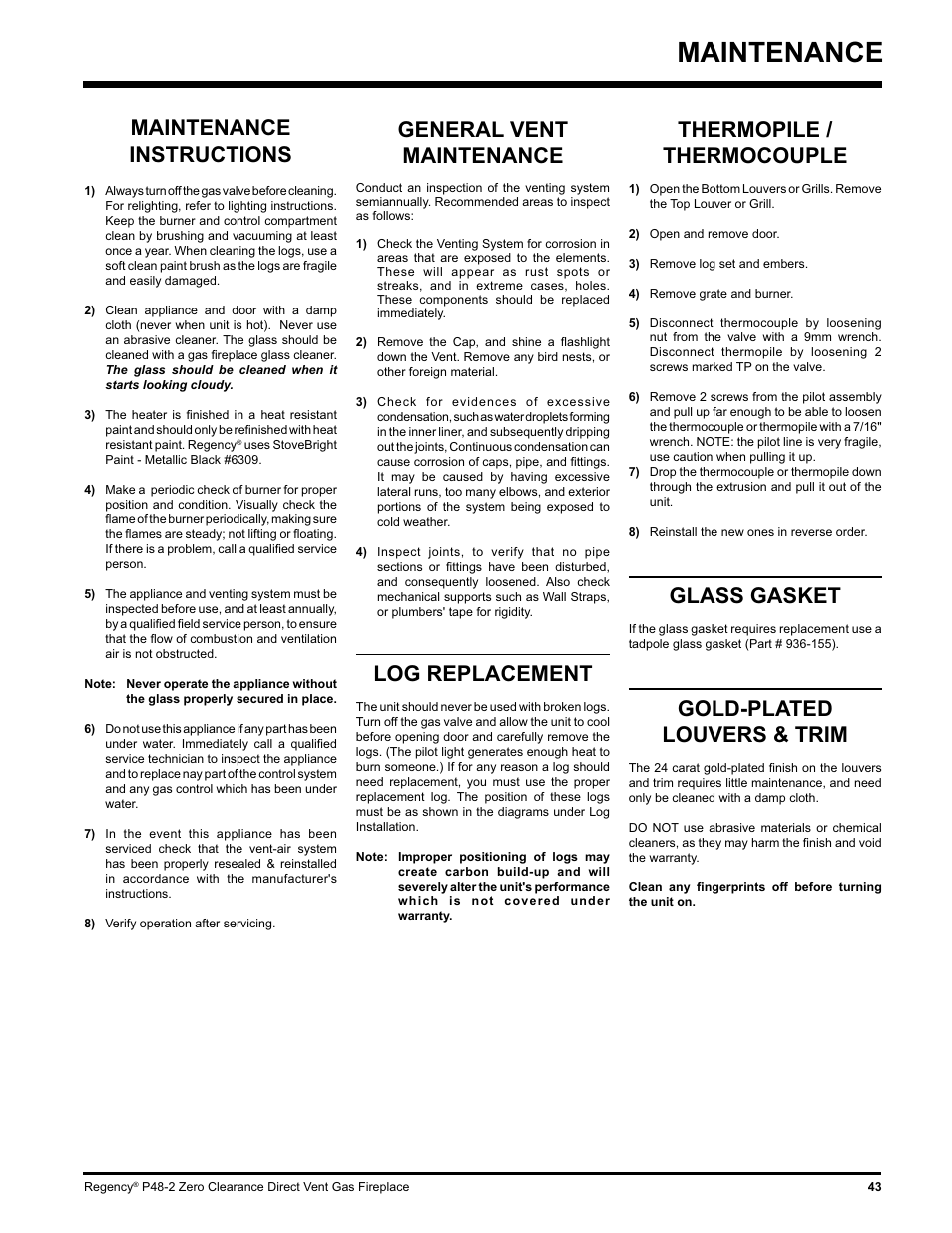 Maintenance, Maintenance instructions, Thermopile / thermocouple | Glass gasket, Gold-plated louvers & trim, General vent maintenance, Log replacement | Regency P48-2 User Manual | Page 43 / 52