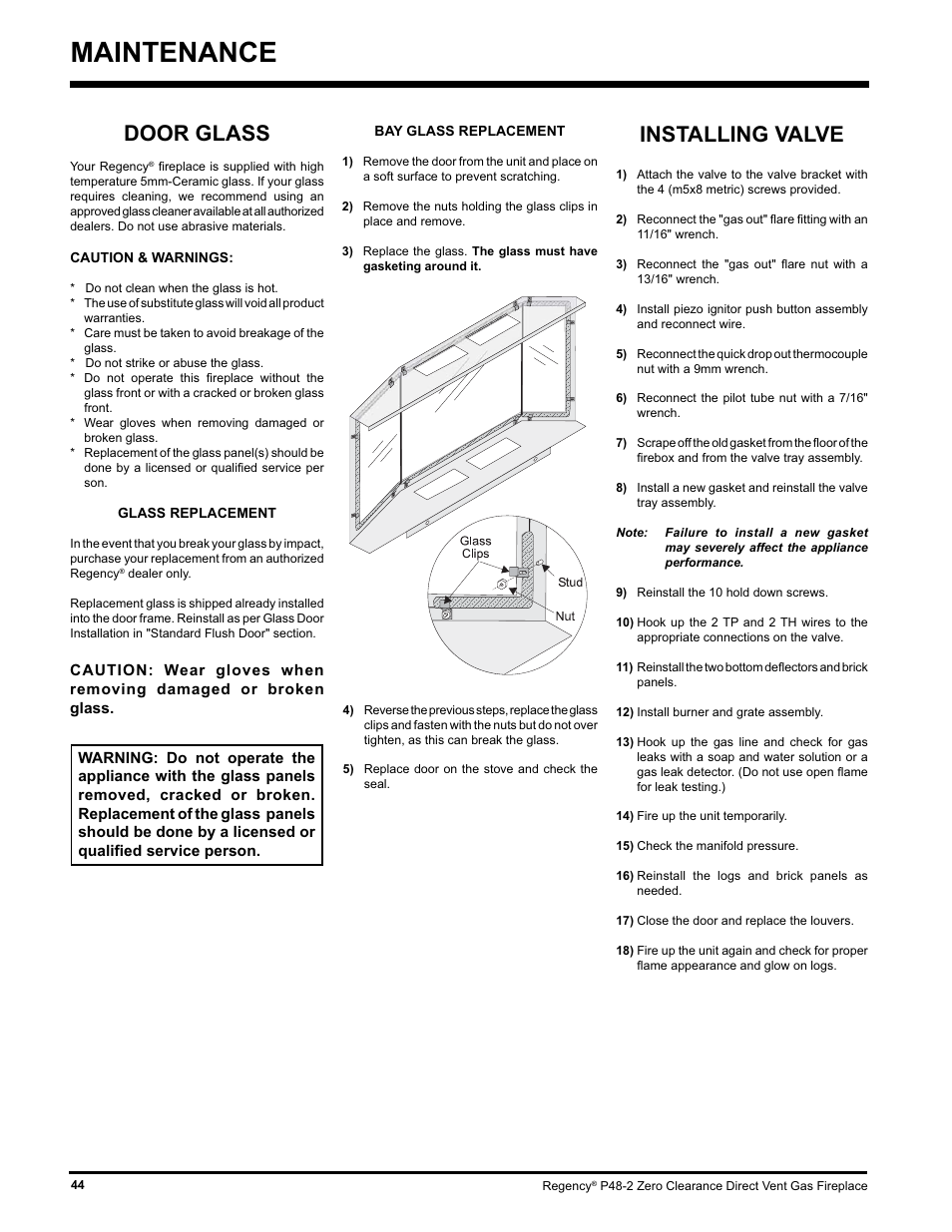 Maintenance, Door glass, Installing valve | Regency P48-2 User Manual | Page 44 / 52