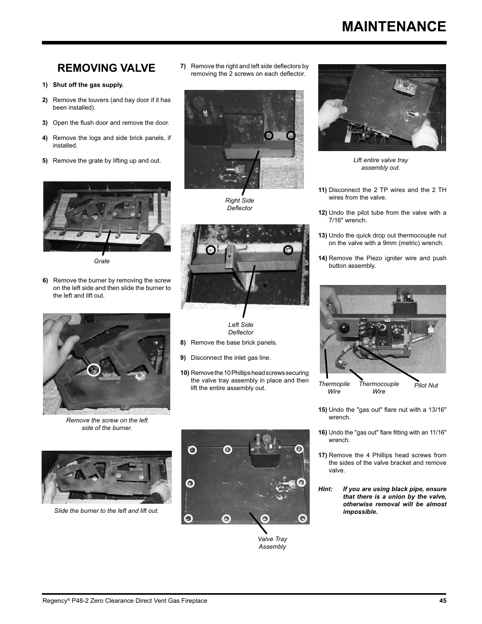 Maintenance, Removing valve | Regency P48-2 User Manual | Page 45 / 52