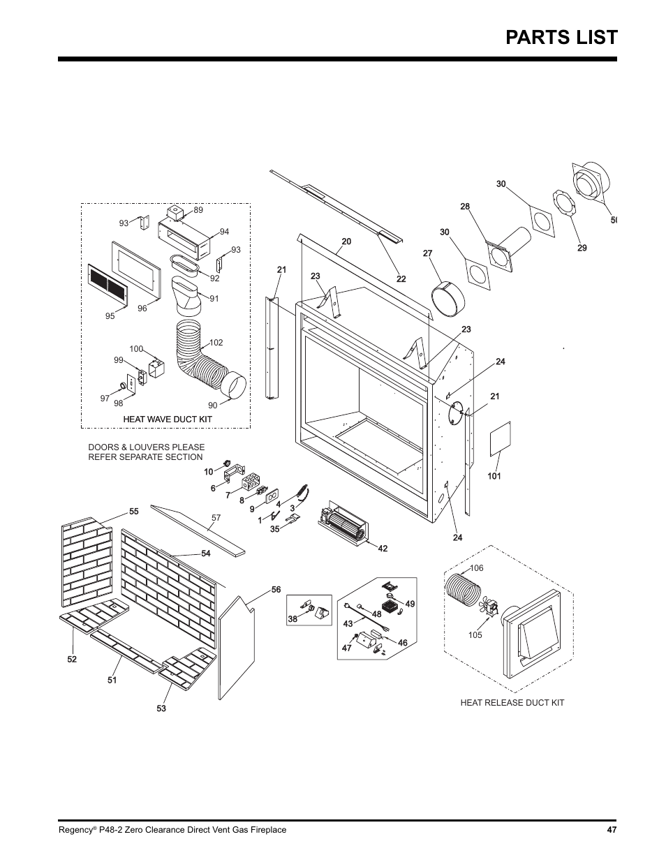 Parts list | Regency P48-2 User Manual | Page 47 / 52