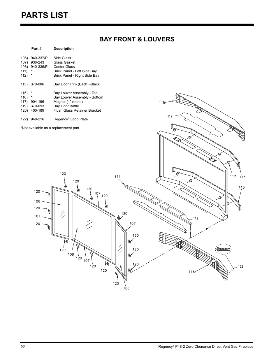 Parts list, Bay front & louvers | Regency P48-2 User Manual | Page 50 / 52