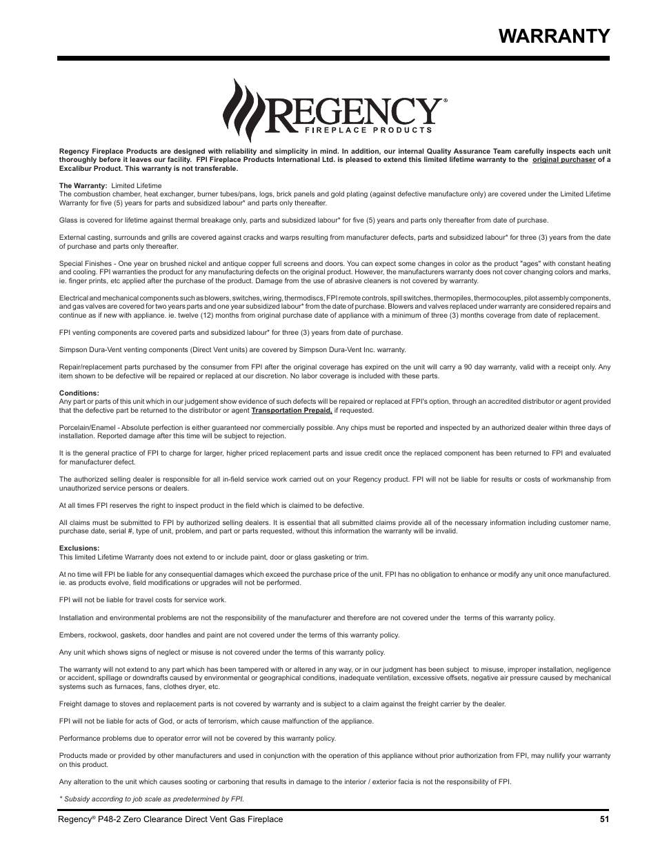 Warranty | Regency P48-2 User Manual | Page 51 / 52