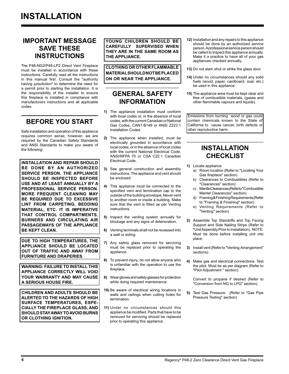 Installation, Installation checklist, Important message save these instructions | Before you start, General safety information | Regency P48-2 User Manual | Page 6 / 52