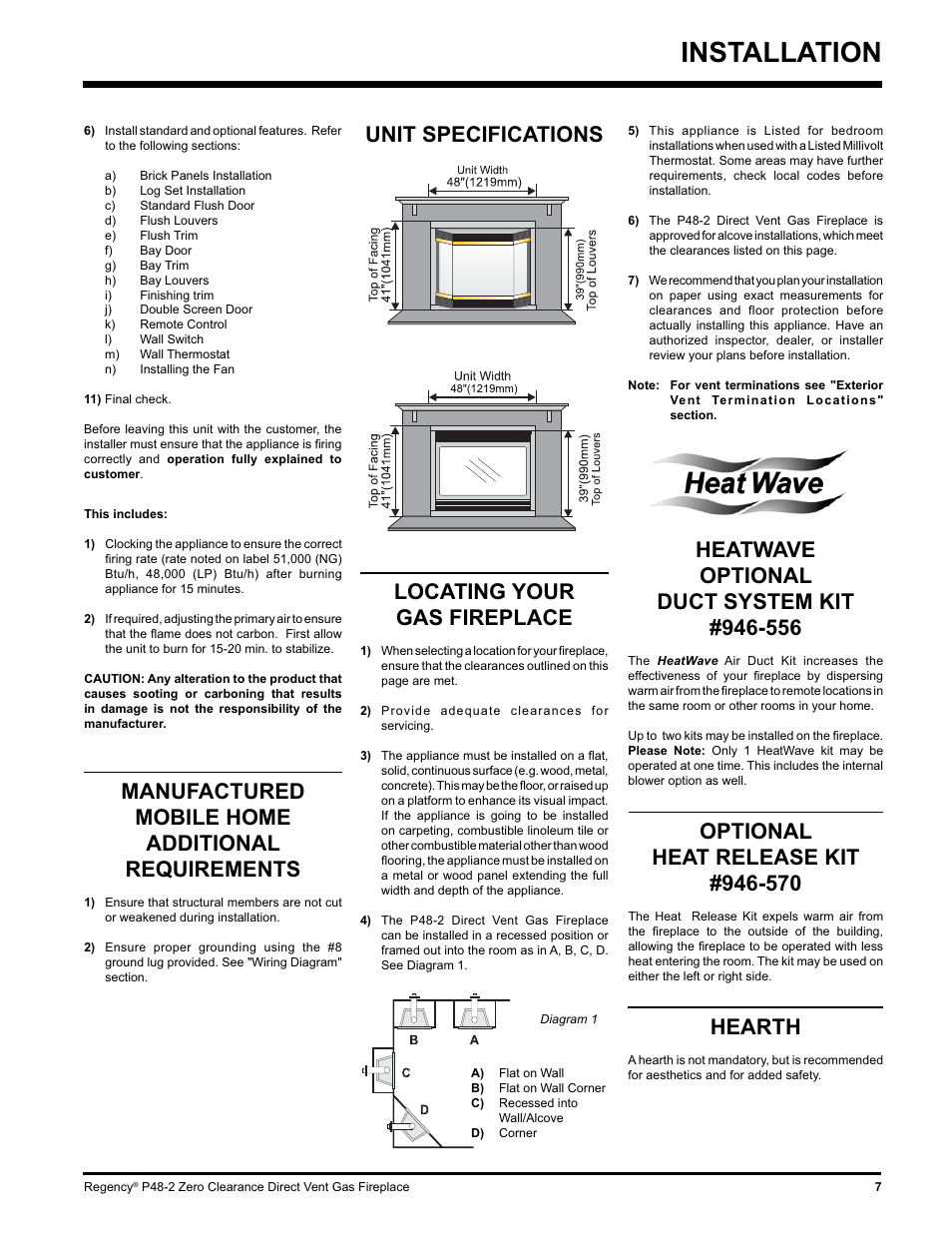 Installation, Unit specifications, Manufactured mobile home additional requirements | Locating your gas fireplace, Hearth | Regency P48-2 User Manual | Page 7 / 52