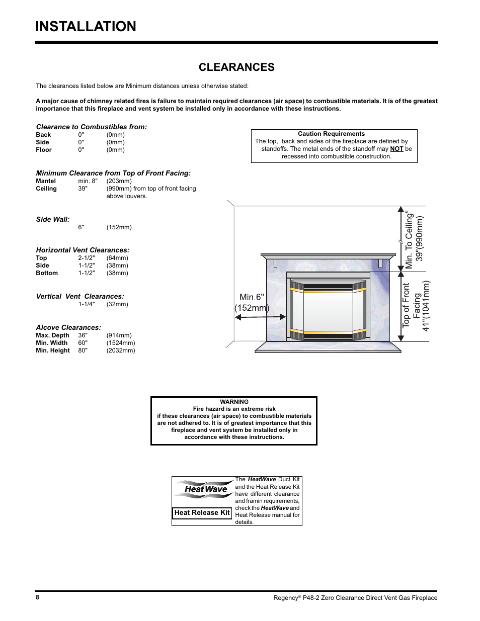Installation, Clearances | Regency P48-2 User Manual | Page 8 / 52