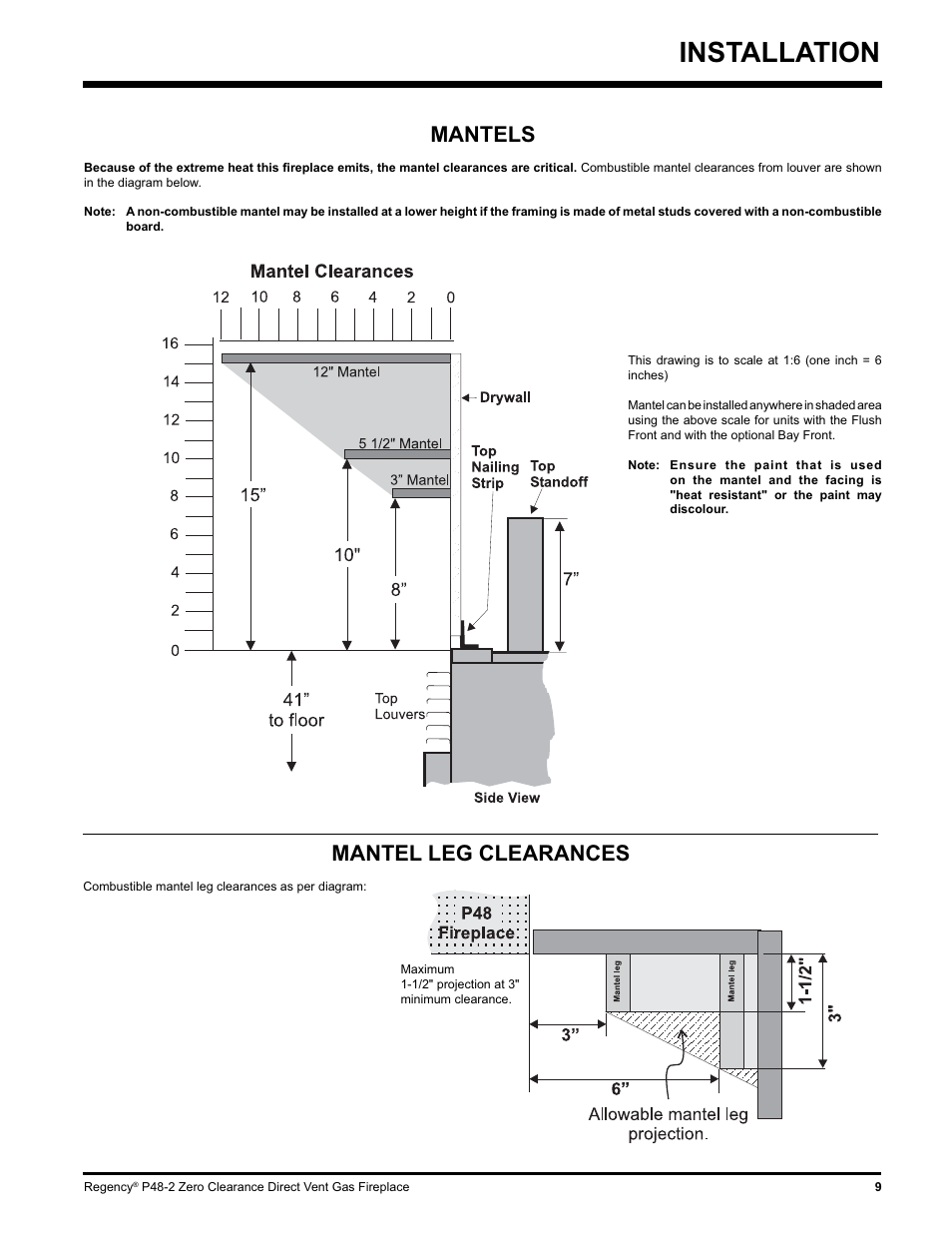 Installation, Mantels, Mantel leg clearances | Regency P48-2 User Manual | Page 9 / 52