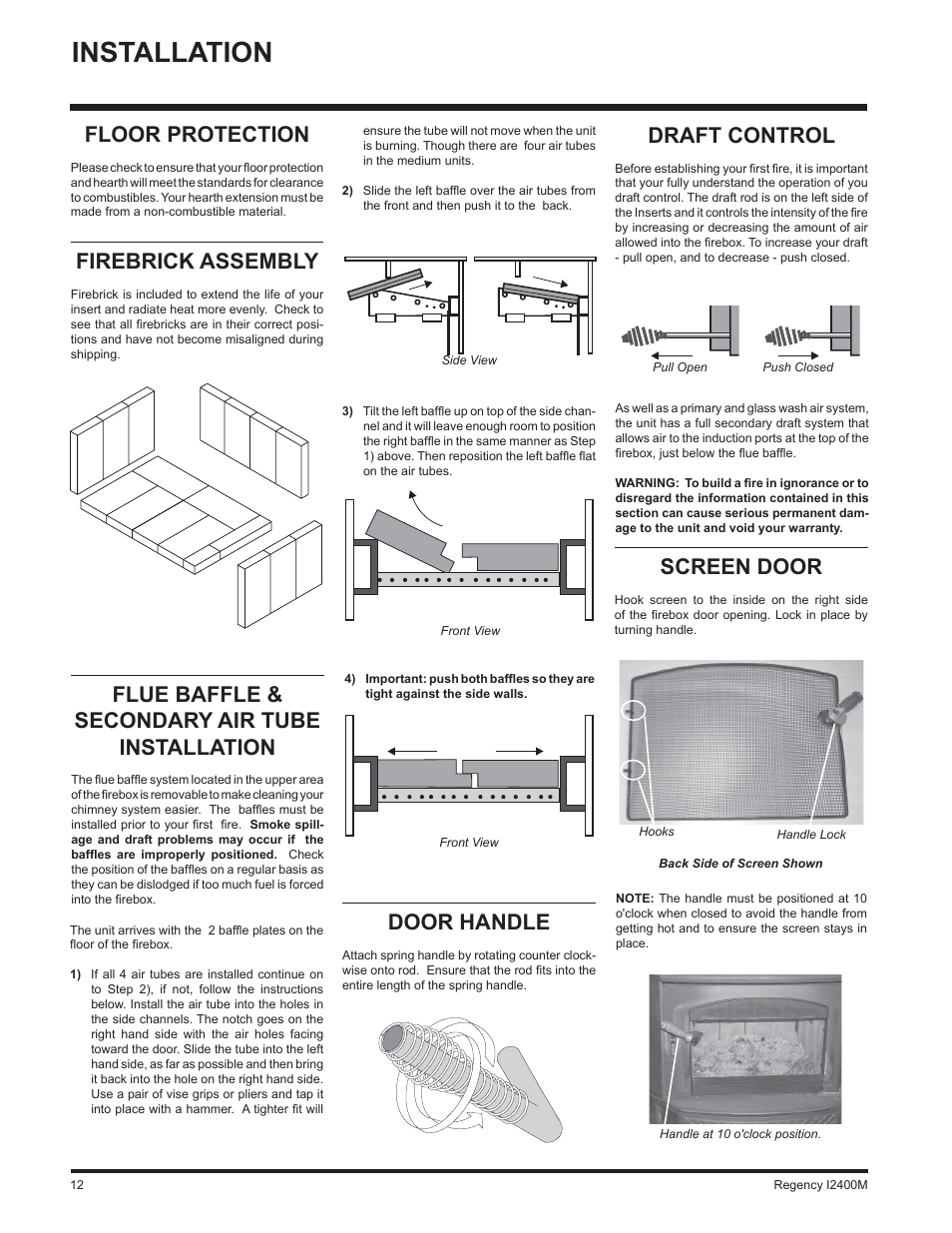 Installation, Draft control, Flue baffle & secondary air tube installation | Floor protection, Firebrick assembly, Screen door, Door handle | Regency I2400M User Manual | Page 12 / 20