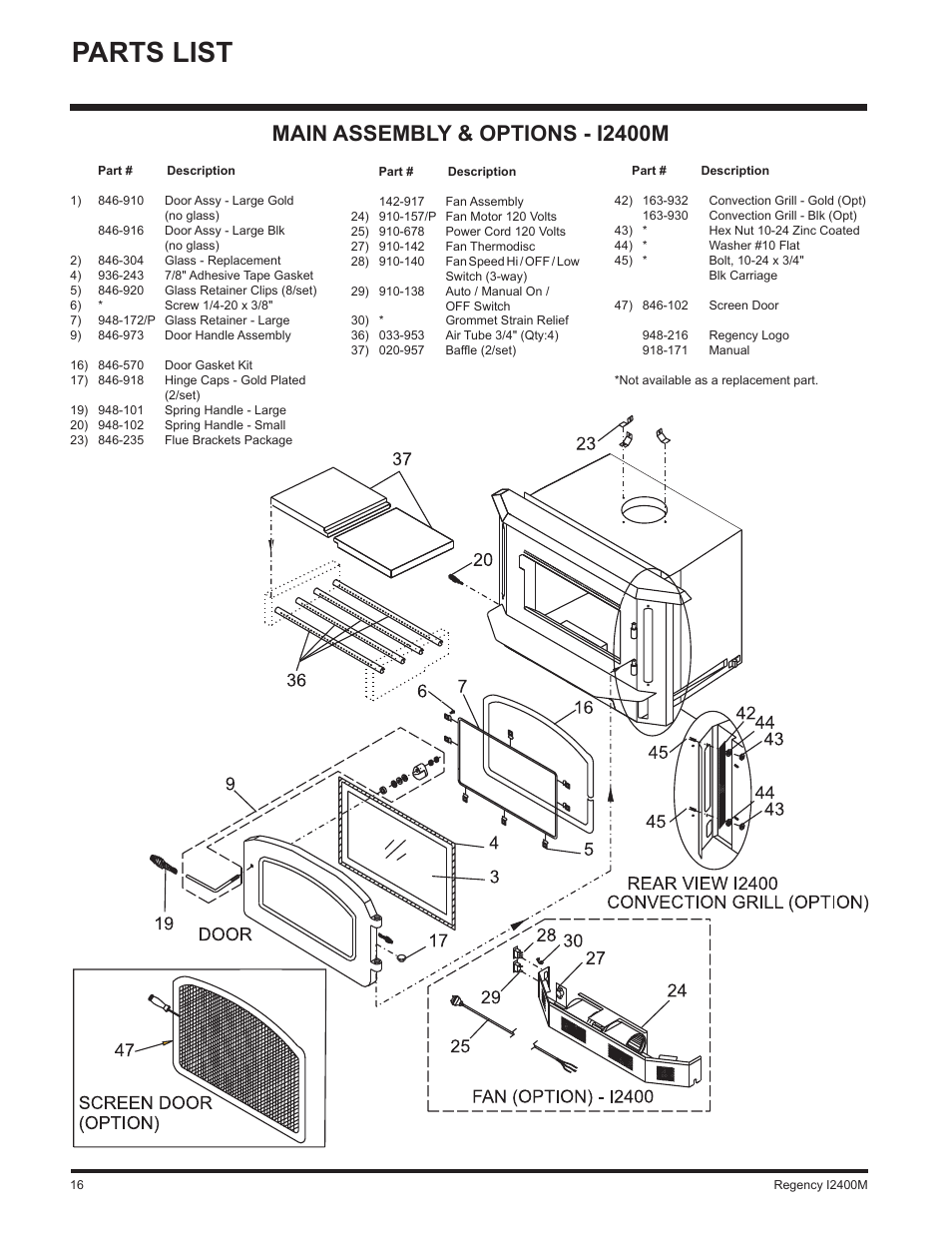 Parts list, Main assembly & options - i2400m | Regency I2400M User Manual | Page 16 / 20
