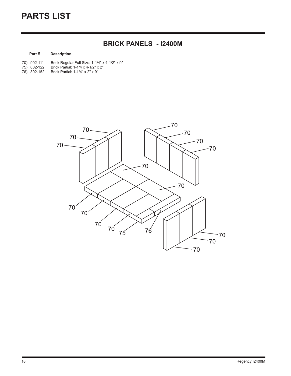 Parts list, Brick panels - i2400m | Regency I2400M User Manual | Page 18 / 20