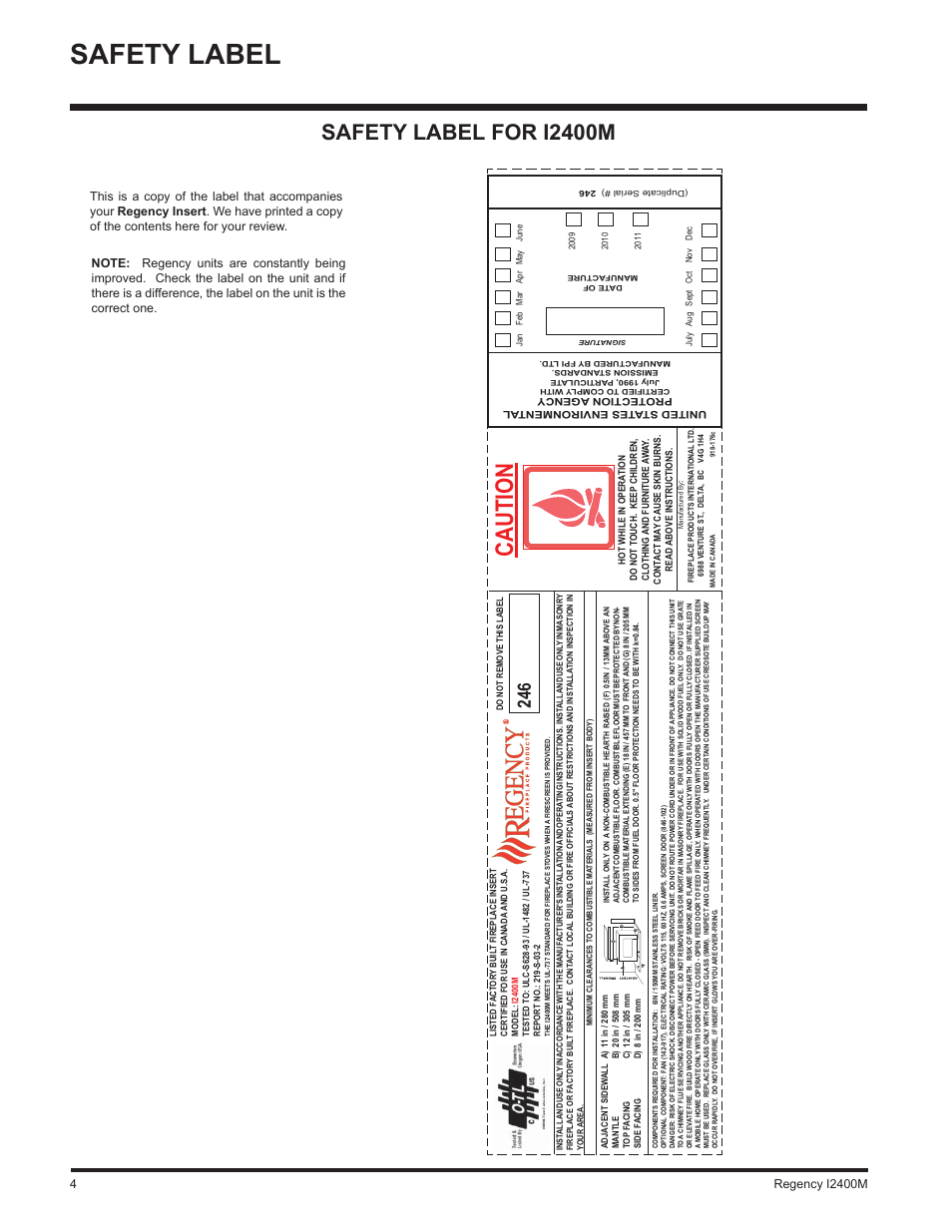 Safety label, Caution, Safety label for i2400m | Regency I2400M User Manual | Page 4 / 20