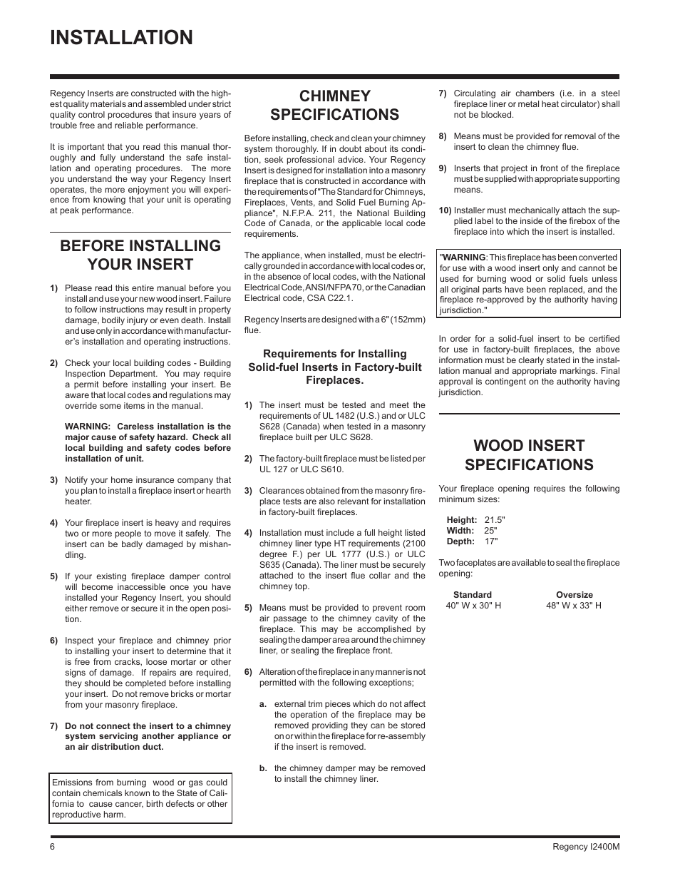 Installation, Chimney specifications, Before installing your insert | Wood insert specifications | Regency I2400M User Manual | Page 6 / 20
