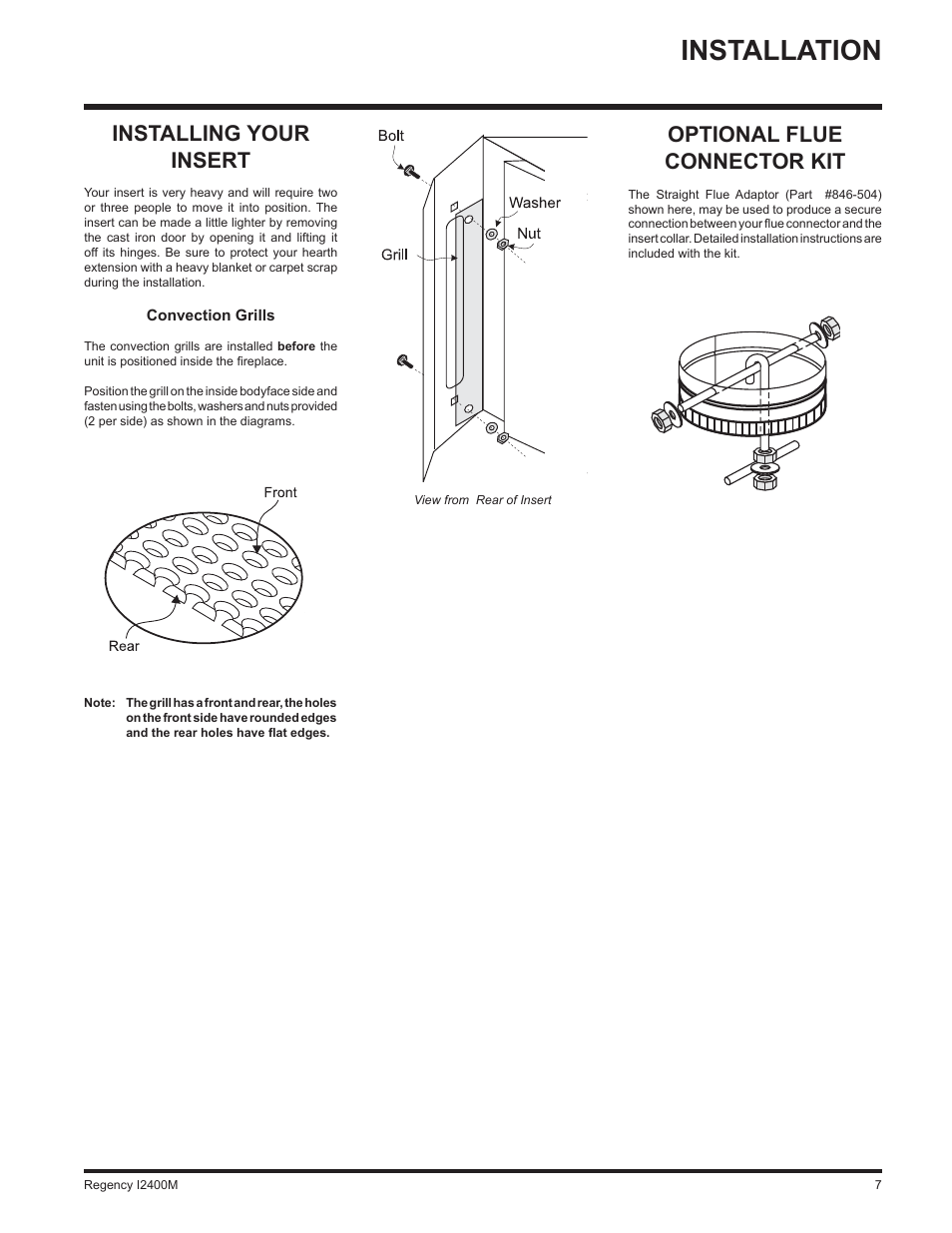 Installation, Optional flue connector kit, Installing your insert | Regency I2400M User Manual | Page 7 / 20