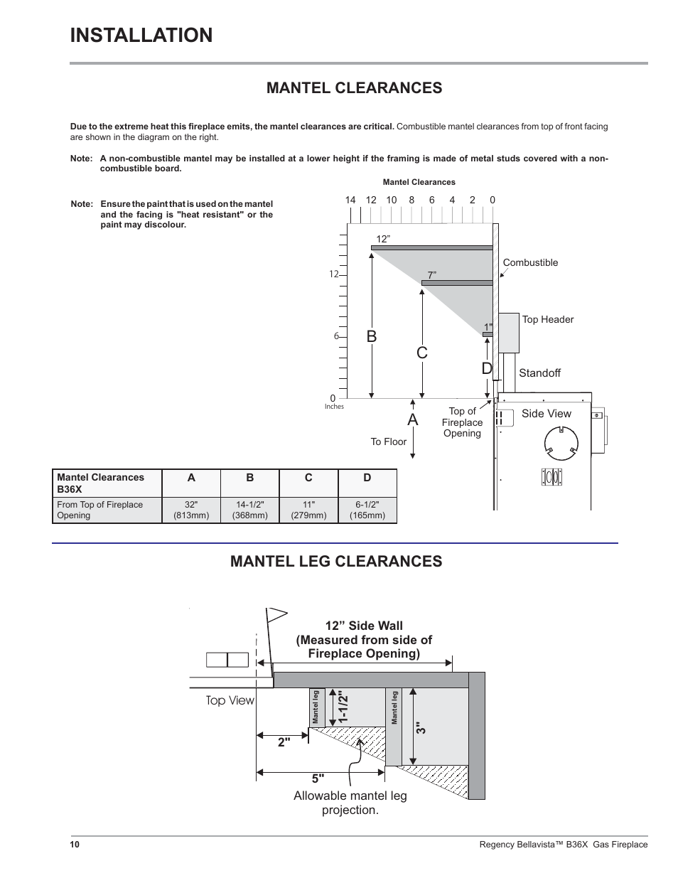 Installation, Ab c, Mantel clearances | Mantel leg clearances | Regency B36X User Manual | Page 10 / 64