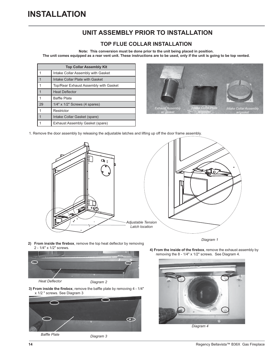 Installation, Unit assembly prior to installation, Top flue collar installation | Regency B36X User Manual | Page 14 / 64