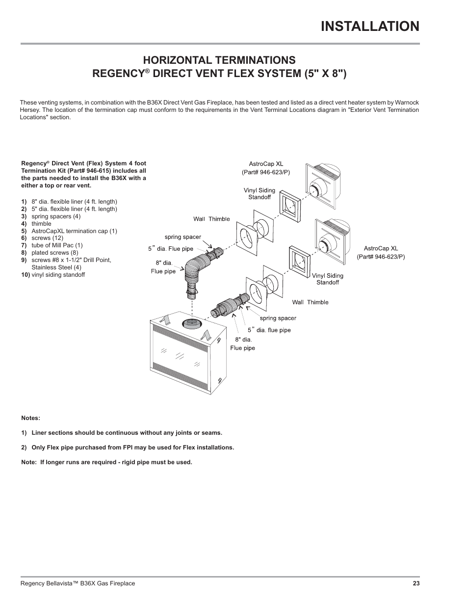 Installation, Horizontal terminations regency, Direct vent flex system (5" x 8") | Regency B36X User Manual | Page 23 / 64