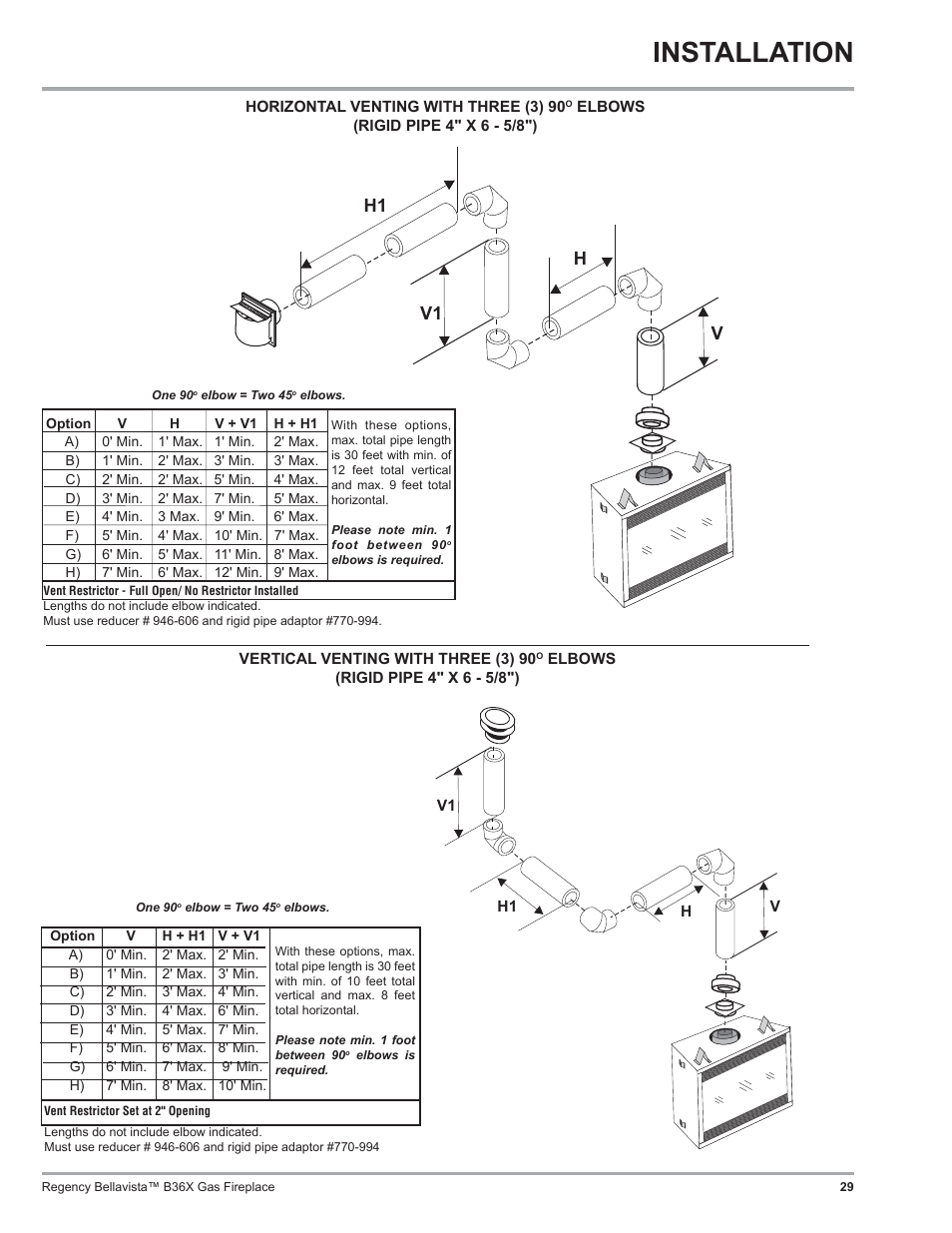 Installation, V1 h1 h v | Regency B36X User Manual | Page 29 / 64