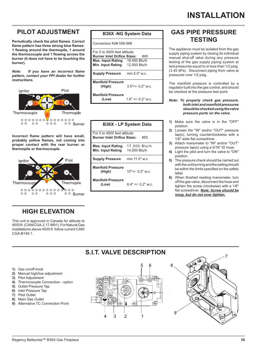 Installation, Gas pipe pressure testing, High elevation | S.i.t. valve description, Pilot adjustment | Regency B36X User Manual | Page 35 / 64