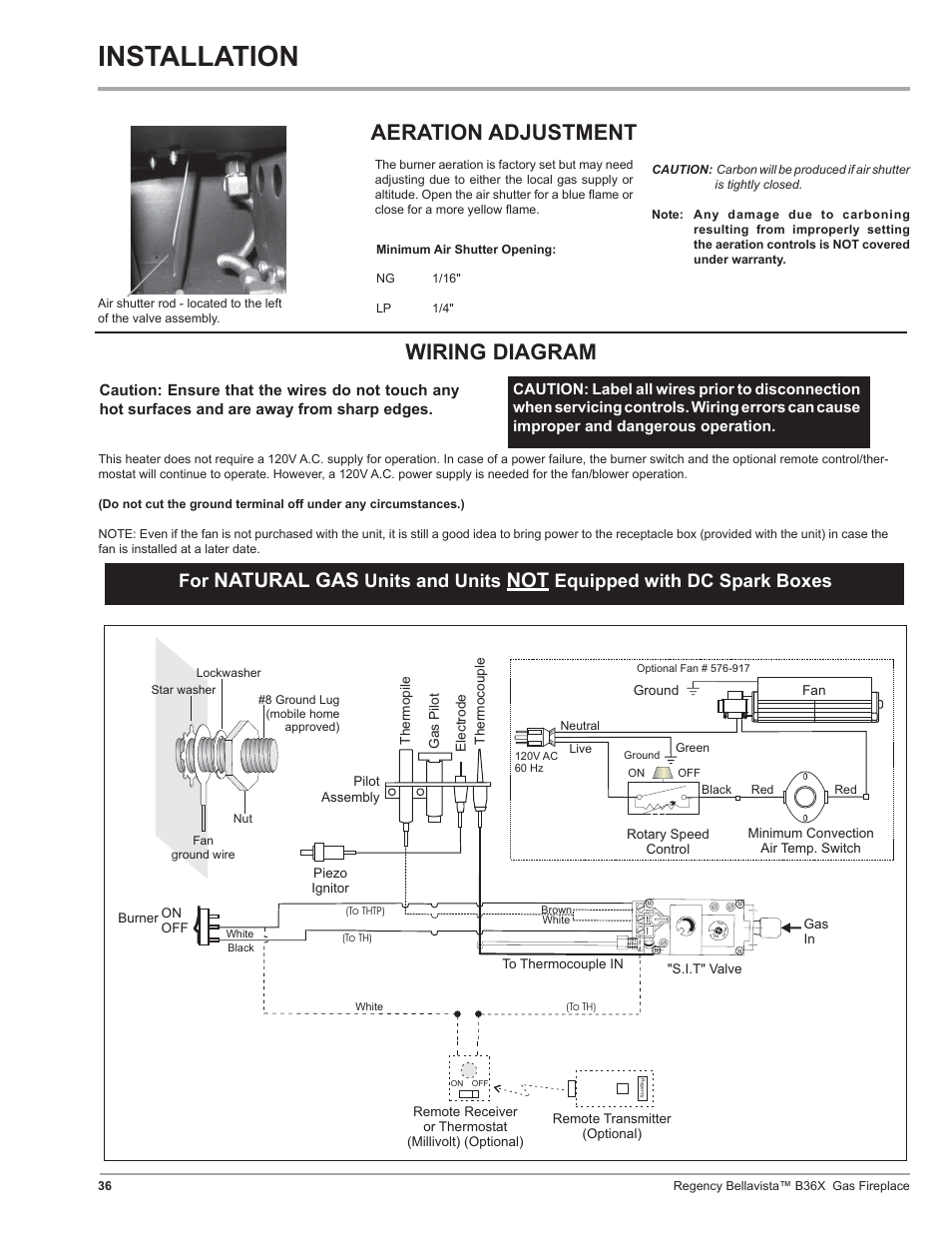 Installation, Wiring diagram aeration adjustment, Natural gas | Units and units, Equipped with dc spark boxes | Regency B36X User Manual | Page 36 / 64