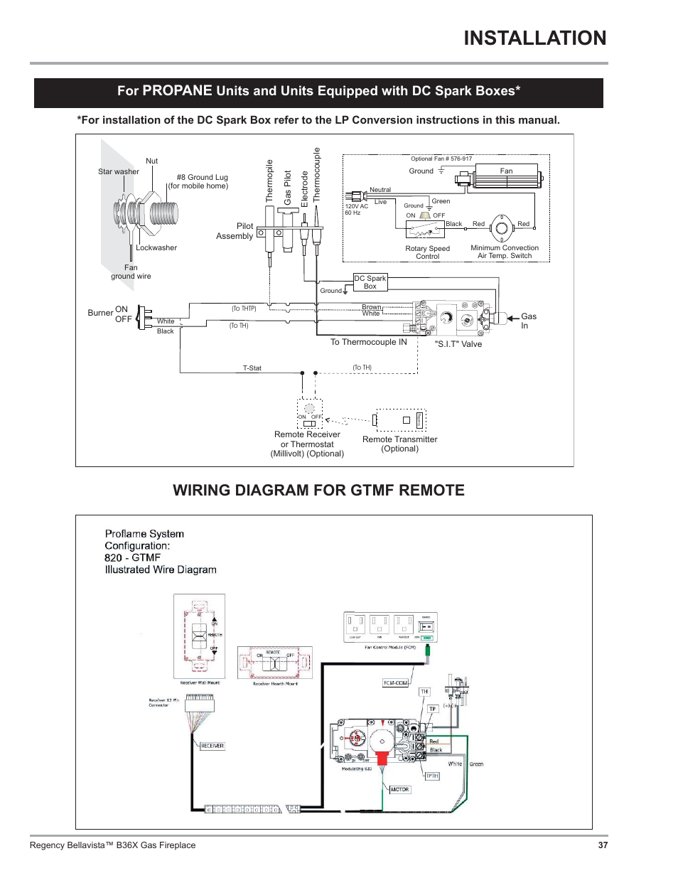 Installation, Wiring diagram for gtmf remote, Propane | Units and units equipped with dc spark boxes | Regency B36X User Manual | Page 37 / 64