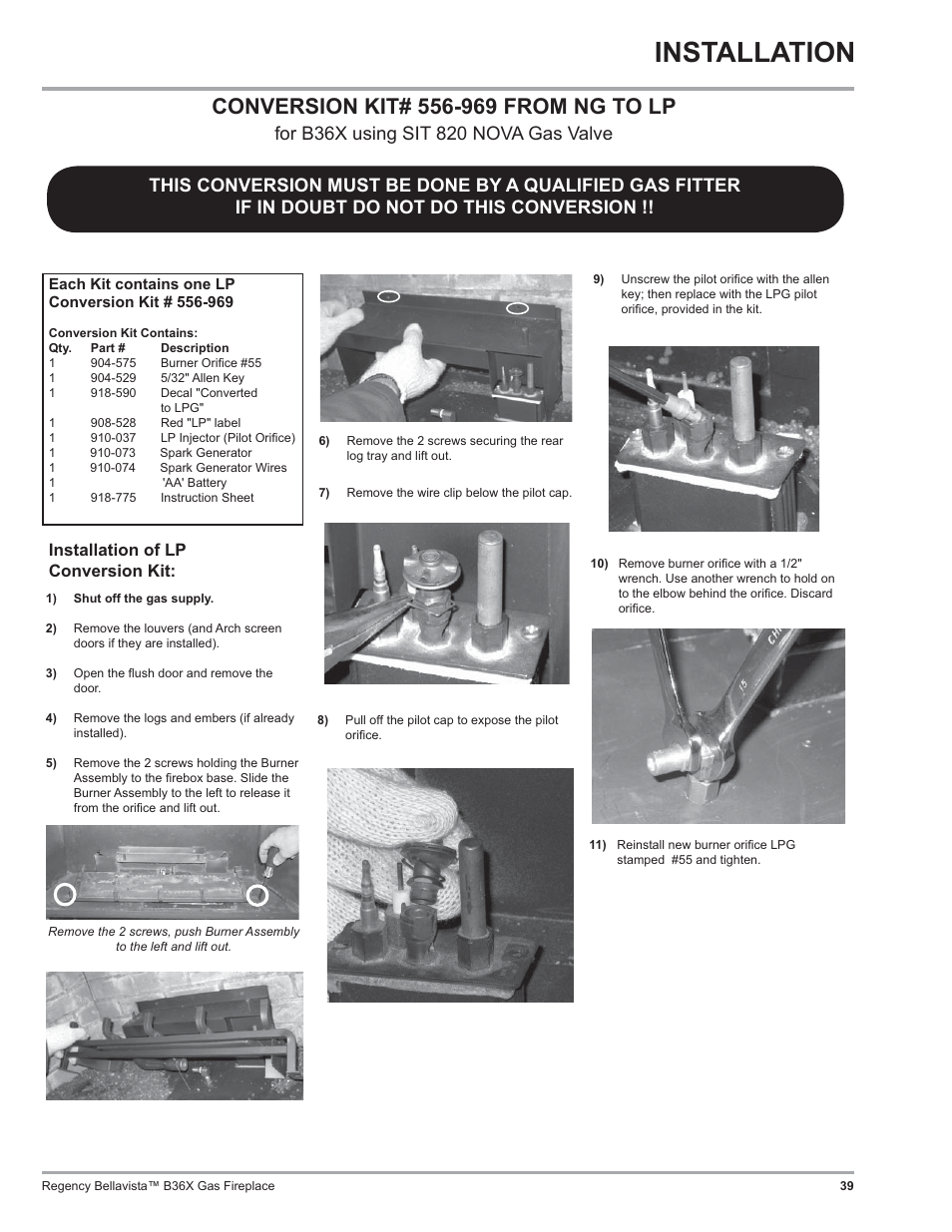 Installation, Installation of lp conversion kit | Regency B36X User Manual | Page 39 / 64