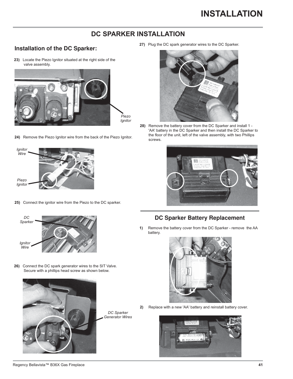 Installation, Dc sparker installation, Dc sparker battery replacement | Installation of the dc sparker | Regency B36X User Manual | Page 41 / 64