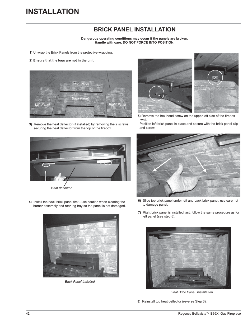 Installation, Brick panel installation | Regency B36X User Manual | Page 42 / 64