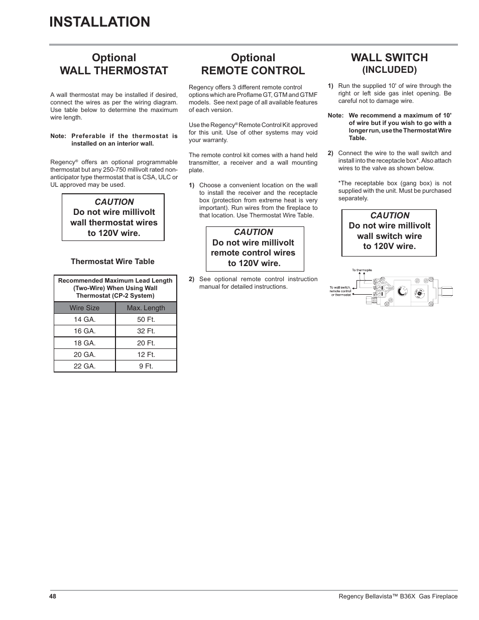 Installation, Wall switch, Optional wall thermostat | Optional remote control, Included) | Regency B36X User Manual | Page 48 / 64