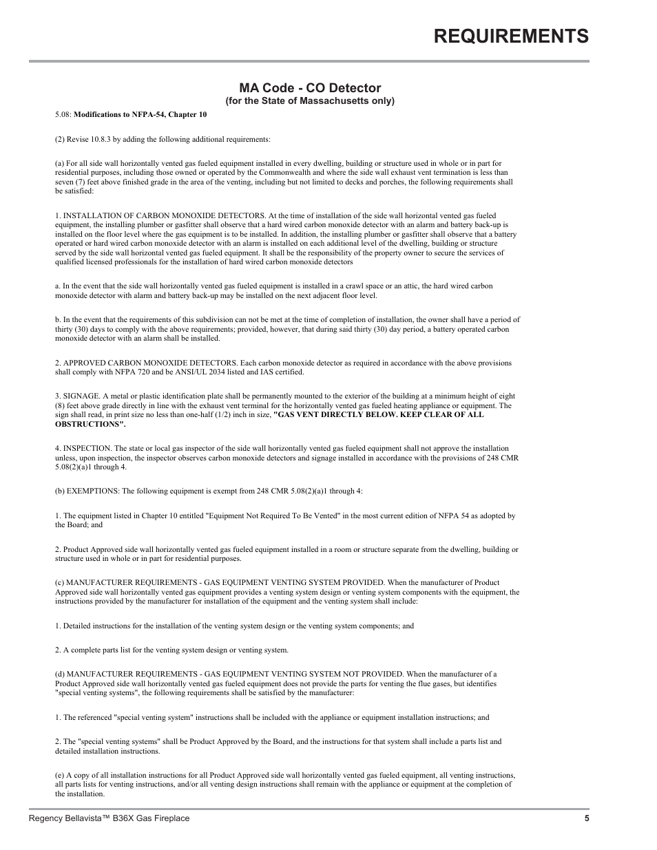 Requirements, Ma code - co detector | Regency B36X User Manual | Page 5 / 64