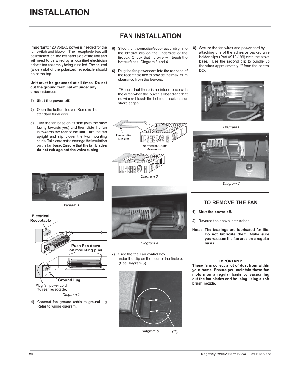 Installation, Fan installation | Regency B36X User Manual | Page 50 / 64