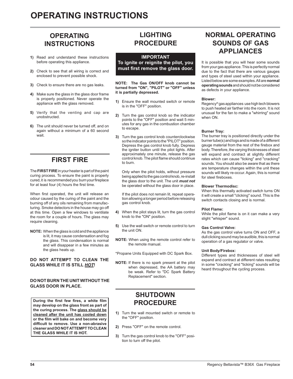 Operating instructions, Lighting procedure, Shutdown procedure | Regency B36X User Manual | Page 54 / 64