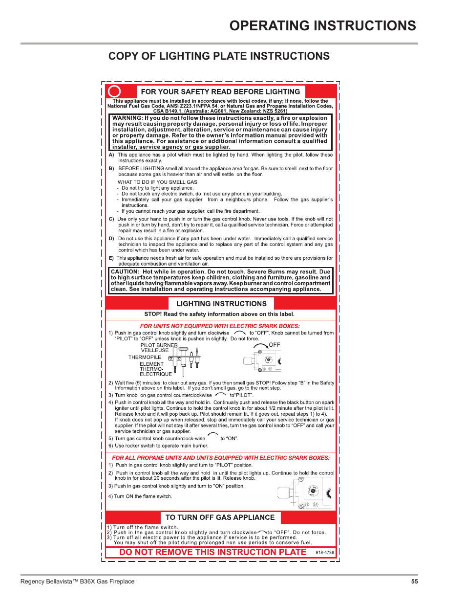 Operating instructions, Copy of lighting plate instructions | Regency B36X User Manual | Page 55 / 64