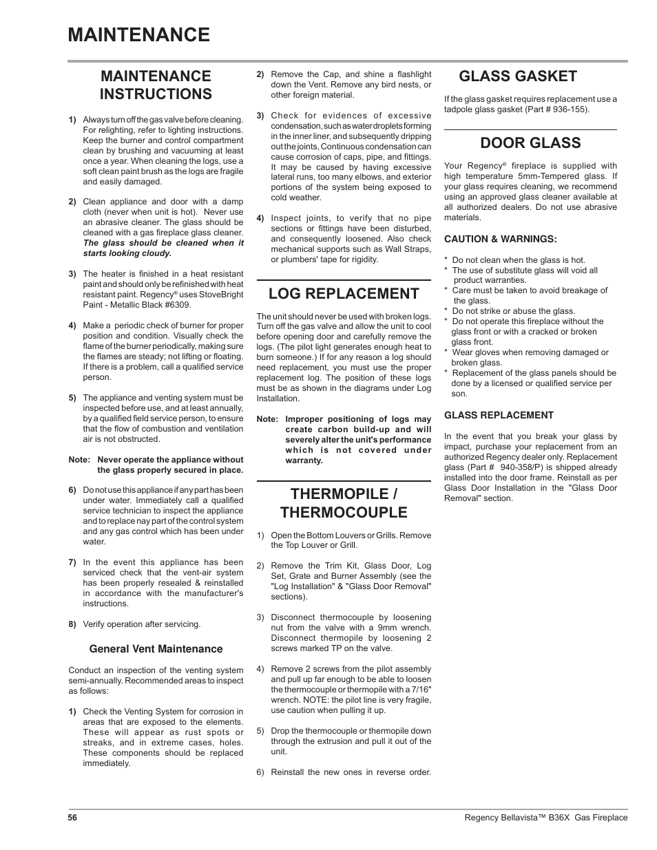 Maintenance, Log replacement, Thermopile / thermocouple | Glass gasket, Door glass, Maintenance instructions | Regency B36X User Manual | Page 56 / 64