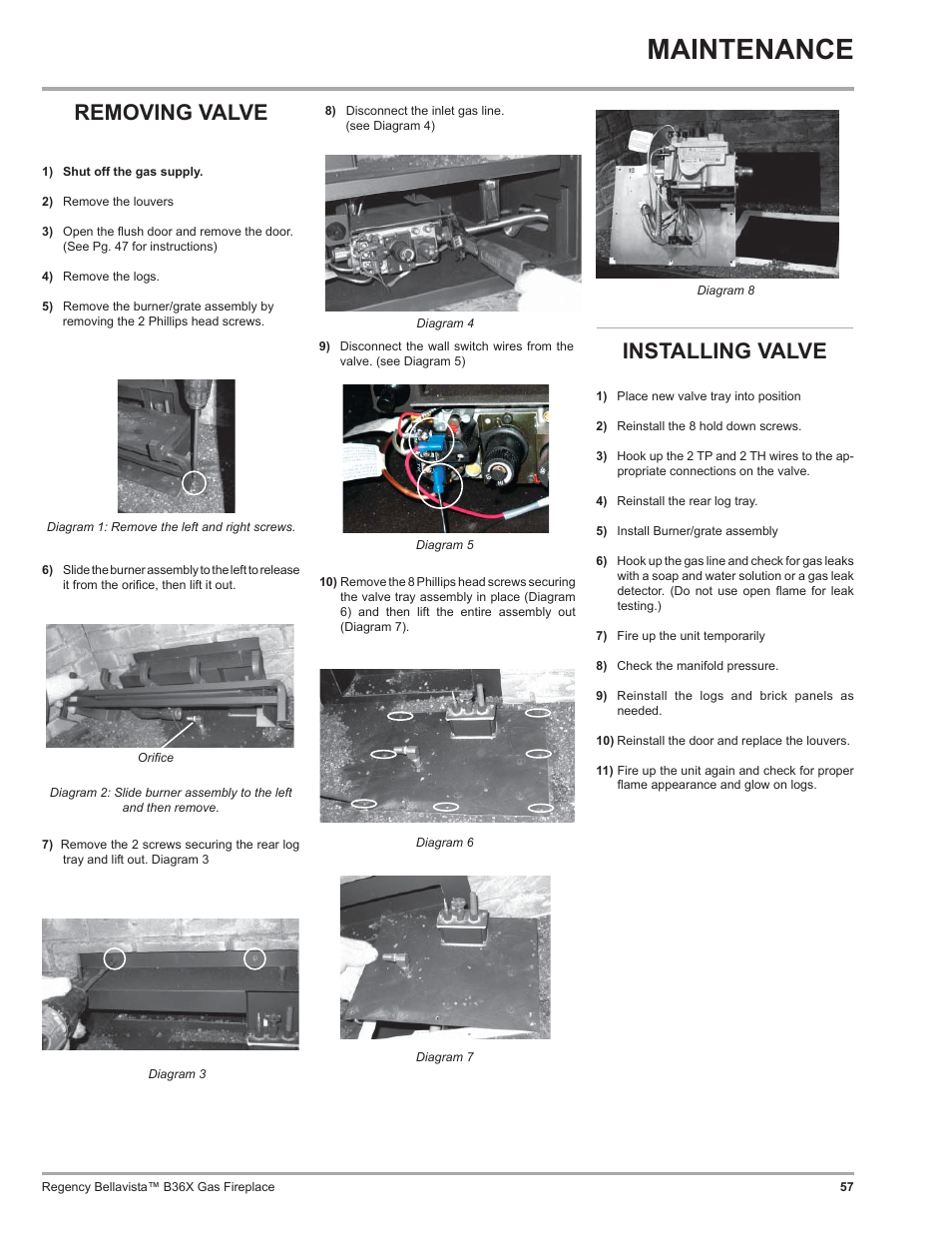 Maintenance, Removing valve, Installing valve | Regency B36X User Manual | Page 57 / 64
