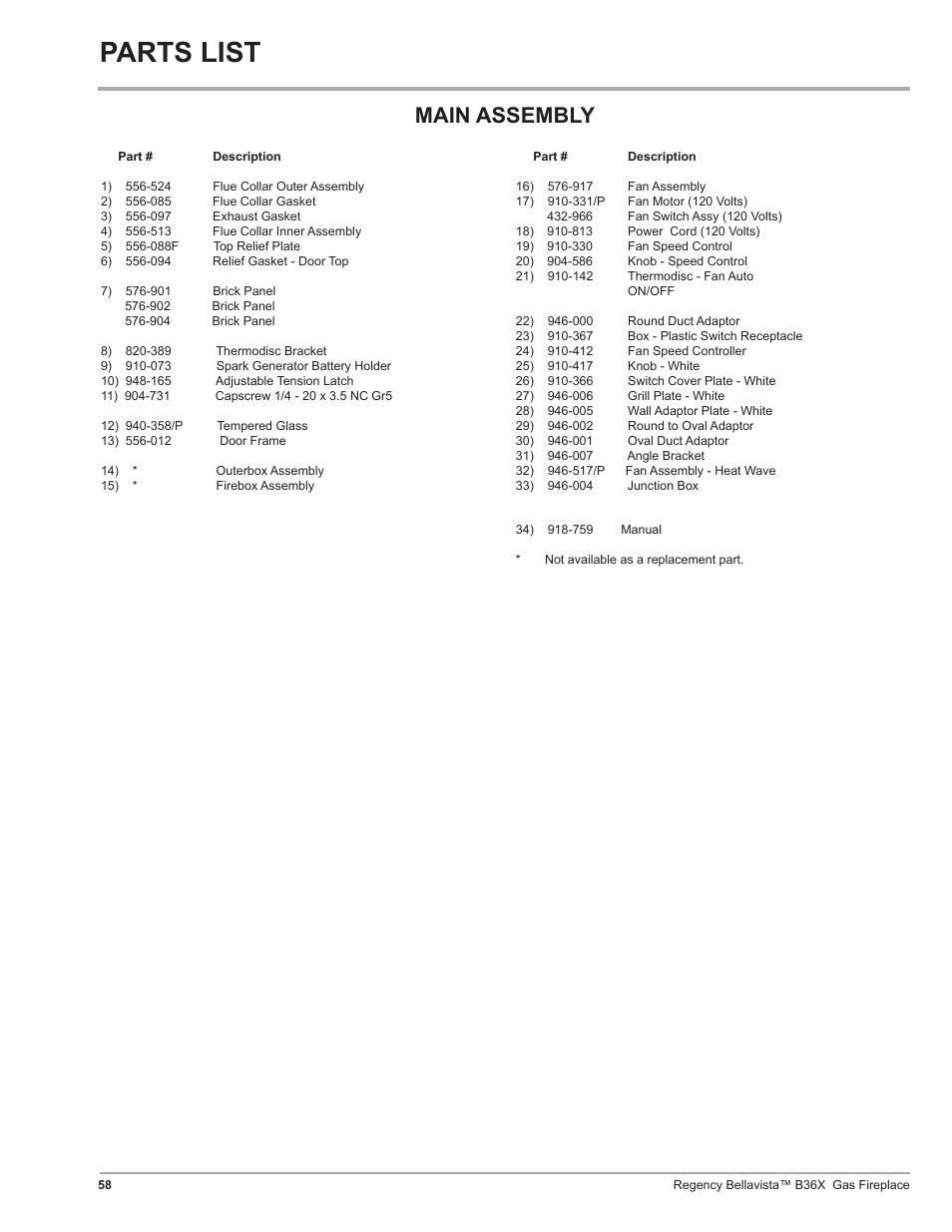 Parts list, Main assembly | Regency B36X User Manual | Page 58 / 64