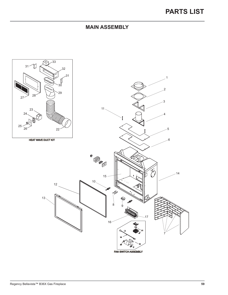 Parts list, Main assembly | Regency B36X User Manual | Page 59 / 64