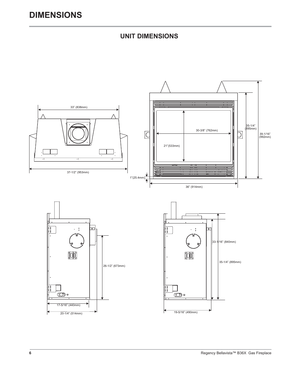 Dimensions, Unit dimensions | Regency B36X User Manual | Page 6 / 64